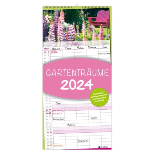 Ein Kalender für 2024 mit Blumen und Spalten zur Familienplanung für den Mai.