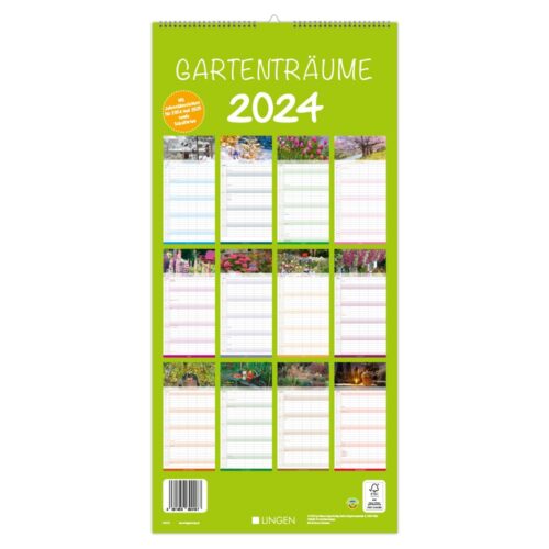 Gartenkalender 2024 mit Blumenmotiven auf grünem Grund und dem Titel „Gartenträume“.