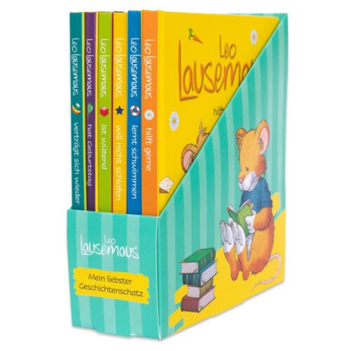 Box-Set mit den Kinderbüchern „Leo Lausemaus“ in deutscher Sprache, mit einer lesenden Maus auf dem Cover.