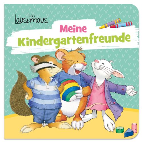 Illustrierte Tiere in einer Kindergartenumgebung mit Spielzeug in der Hand, mit dem Titel „Meine Kindergartenfreunde.