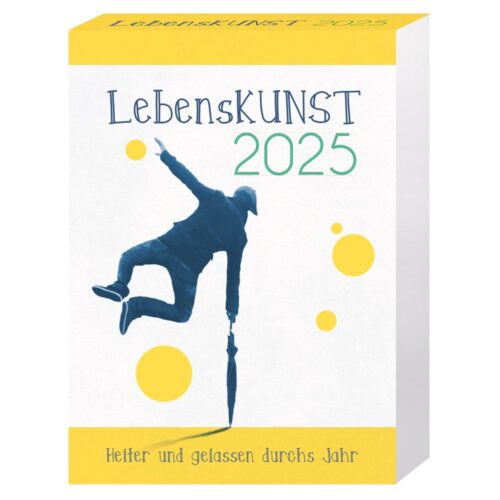 Eine Silhouette mit Regenschirm springt vor einem weißen Hintergrund mit gelben Kreisen. Text: „LebensKUNST 2025“.