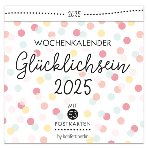 2025 Wochenkalender „Glücklichsein“ mit bunten Punkten und 53 Postkarten.