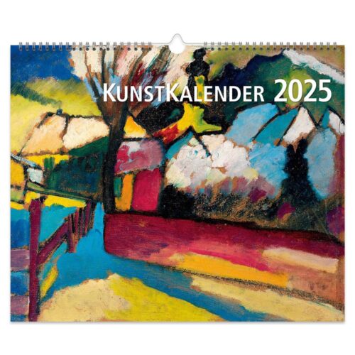 Abstraktes Gemälde einer farbenfrohen Winterlandschaft auf dem Cover eines Kunstkalenders 2025.