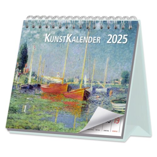 Ein KunstKalender 2025, der impressionistische Kunst mit Booten und einer Wasserlandschaft zeigt.