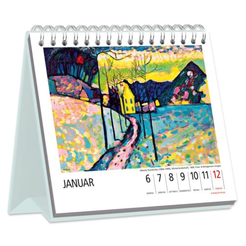 Tischkalender mit farbenfrohem Landschaftsgemälde für Januar mit nummerierten Daten darunter.