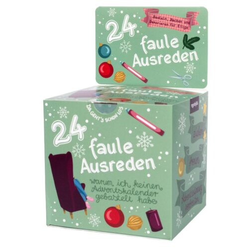 Grüne Box mit „24 faulen Ausreden“ und weihnachtlichen Illustrationen wie Geschenken, Ornamenten und Schneeflocken.